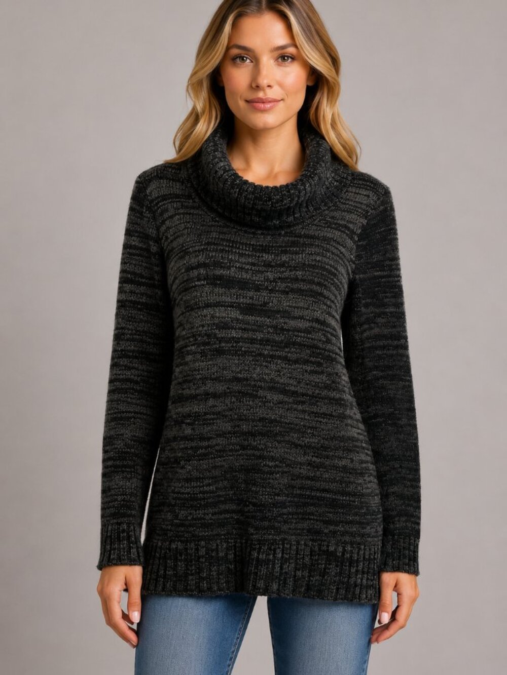 AB Studio Marled Cowl Neck Tunic Sweater Women's M Charcoal Black Long Sleeve
